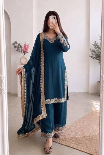 DESIGNER CHINON SILK EMBROIDERY & SEQUENCE WORK  TOP PALAZZO WITH DUPATTA TEAL