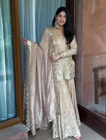 DESIGNER CHINON SILK EMBROIDERY SEQUENCE WORK WITH REAL MIRROR HAND WORK TOP SHARARA WITH DUPATTA CREAM