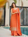 DESIGNER CHINON SILK EMBROIDERY WORK TOP PALAZZO WITH DUPATTA ORANGE