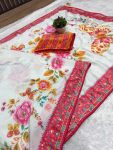 DESIGNER CHINON SILK MIRROR HANDWORK, PIPING BORDER WITH TASSELS WORK SAREE WITH UNSTITCHED BLOUSE WHITE AND RANI