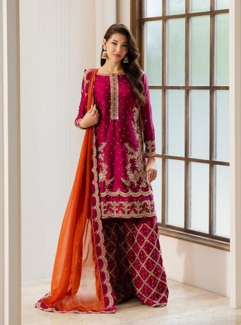 DESIGNER CHINON ZARI & SEQUENCE EMBROIDERY WORK ALSO CHAKRI STONE WORK TOP PALAZZO WITH DUPATTA PINK AND ORANGE