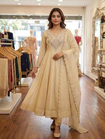 DESIGNER COSS MOSS CODING WITH SEQUENCE EMBROIDERY WORK ANARKALI BOTTOM WITH DUPATTA CREAM