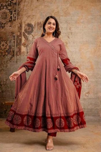 DESIGNER COTTON PRINT AND HAND SEQUENCE WORK ANARKALI BOTTOM WITH DUPATTA RED