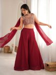 DESIGNER CRUNCHY SILK CROP TOP PALAZZO WITH DUPATTA MAROON
