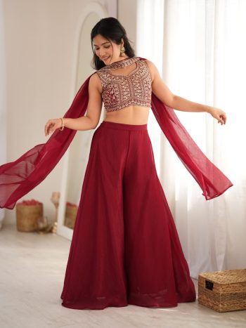 DESIGNER CRUNCHY SILK CROP TOP PALAZZO WITH DUPATTA MAROON