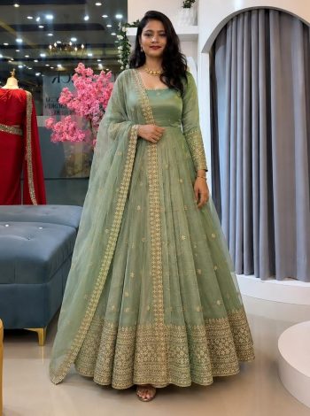 DESIGNER CRUNCHY SILK EMBROIDERY  SEQUENCE WORK  GOWN BOTTOM WITH DUPATTA PISTA