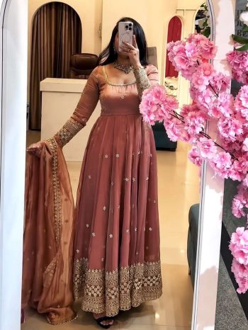 DESIGNER CRUNCHY SILK EMBROIDERY  SEQUENCE WORK  GOWN BOTTOM WITH DUPATTA PINK