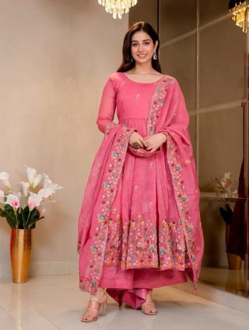 DESIGNER CRUNCHY SILK MULTI SEQUENCE & THREAD WORK GOWN PALAZZO WITH DUPATTA PINK
