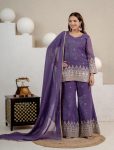 DESIGNER CRUNCHY SILK SEQUENCE EMBROIDERY WORK TOP PALAZZO WITH DUPATTA PURPLE