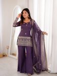 DESIGNER CRUNSHY SILK SEQUENCE CODING EMBROIDERY WORK TOP PALAZZO WITH DUPATTA PURPLE