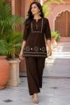 DESIGNER DHABU COTTON EMBROIDERY WORK CO-ORD SET BROWN