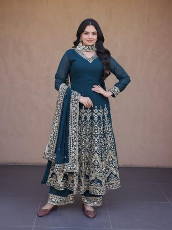 DESIGNER FAUX BLOOMING EMBROIDERY MULTI-SEQUENCE WORK GOWN BOTTOM WITH DUPATTA TEAL