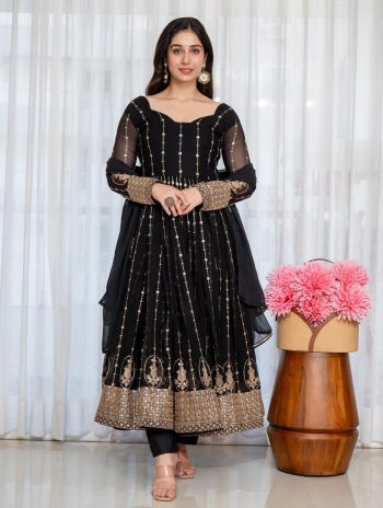 DESIGNER FAUX BLOOMING ZARI EMBROIDERY 3 MMSEQUENCE WORK ANARKALI BOTTOM WITH DUPATTA BLACK