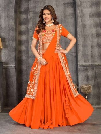DESIGNER FAUX SEQUENCE EMBROIDERY & MOTI WORK LEHENGA WITH ATTACHED DUPATTA BLOUSE AND KOTI ORANGE