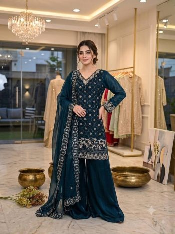 DESIGNER FENDY BEADS WITH SEQUENCE EMBROIDERY & CUT WORK TOP PALAZZO WITH DUPATTA TEAL