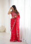 DESIGNER FENDY CHIFFON THREAD & SEQUENCE EMBROIDERY WORK SAREE WITH UNSTITCHED BLOUSE RED