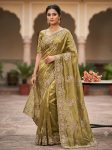 DESIGNER FENDY SATIN BEADS EMBROIDERY WORK WITH SEQUENCE AND CUT WORK BORDER SAREE WITH UNSTITCHED BLOUSE GREEN