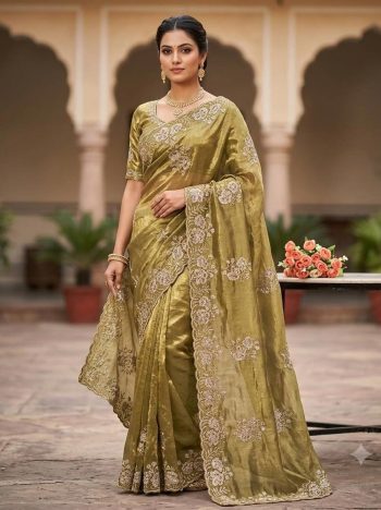 DESIGNER FENDY SATIN BEADS EMBROIDERY WORK WITH SEQUENCE AND CUT WORK BORDER SAREE WITH UNSTITCHED BLOUSE GREEN