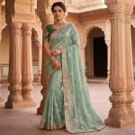 DESIGNER FENDY SATIN EMBROIDERY 3 MM SEQUENCE WORK HEAVY BORDER SAREE WITH STITCHED BLOUSE PISTA