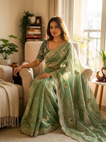 DESIGNER FENDY SATIN SEQUANCE AND ZARI EMBROIDERY WORK SAREE WITH STITCHED BLOUSE GREEN