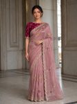 DESIGNER FENDY SATIN SILK EMBROIDERY WITH CUTWORK BORDER SAREE WITH UNSTITCHED BLOUSE BABY PINK