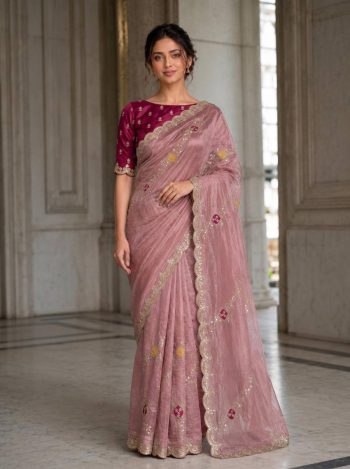 DESIGNER FENDY SATIN SILK EMBROIDERY WITH CUTWORK BORDER SAREE WITH UNSTITCHED BLOUSE BABY PINK