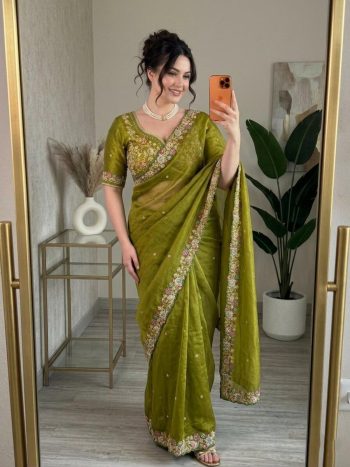 DESIGNER FENDY SATIN SILK EMBROIDERY WITH CUTWORK BORDER SAREE WITH UNSTITCHED BLOUSE MEHNDI
