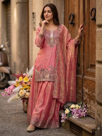 DESIGNER FENDY SILK EMBROIDERY 5MM SEQUENCE  WORK TOP PALAZZO WITH DUPATTA PEACH