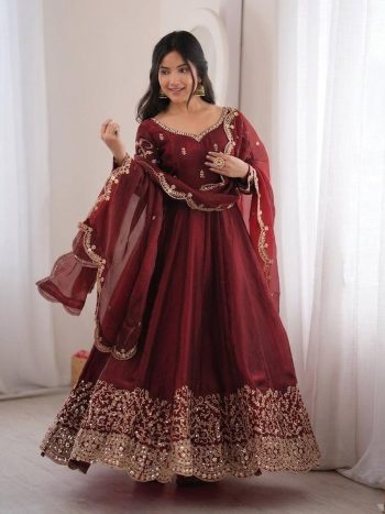 DESIGNER FENDY SILK EMBROIDERY CODING AND SEQUENCE WORK GOWN BOTTOM WITH DUPATTA MAROON