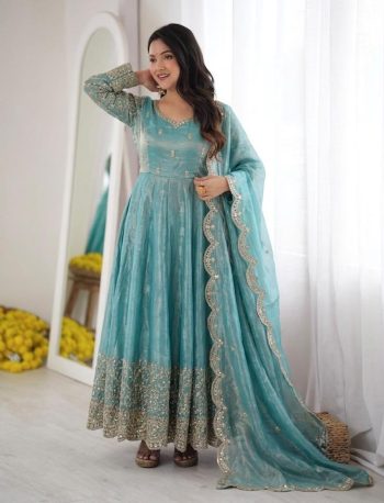 DESIGNER FENDY SILK EMBROIDERY CODING AND SEQUENCE WORK GOWN BOTTOM WITH DUPATTA RAMA