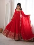 DESIGNER FENDY SILK EMBROIDERY CODING AND SEQUENCE WORK GOWN BOTTOM WITH DUPATTA RED