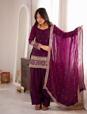DESIGNER FENDY SILK EMBROIDERY SEQUENCE DORI AND JARI WORK TOP PATIYALA WITH DUPATTA WINE