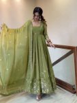 DESIGNER FENDY SILK EMBROIDERY SEQUENCE WORK GOWN BOTTOM WITH DUPATTA GREEN