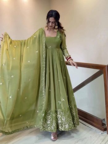 DESIGNER FENDY SILK EMBROIDERY SEQUENCE WORK GOWN BOTTOM WITH DUPATTA GREEN