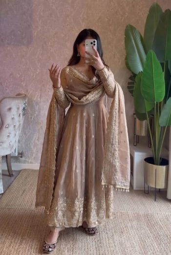 DESIGNER FENDY SILK EMBROIDERY  SEQUENCE WORK GOWN BOTTOM WITH DUPATTA CREAM