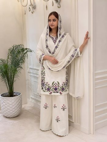 DESIGNER FENDY SILK EMBROIDERY SEQUENCE WORK GOWN BOTTOM WITH DUPATTA OFF WHITE