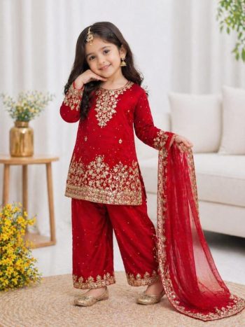 DESIGNER FENDY SILK EMBROIDERY SEQUENCE WORK KID'S TOP PALAZZO WITH DUPATTA RED