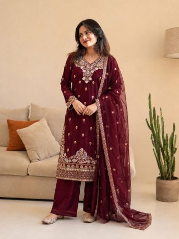DESIGNER FENDY SILK EMBROIDERY SEQUENCE WORK TOP PATIYALA WITH DUPATTA MAROON