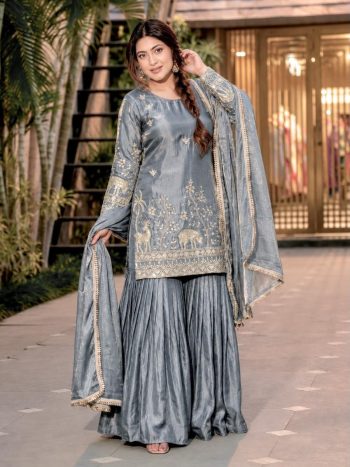 DESIGNER FENDY SILK EMBROIDERY SEQUENCE WORK TOP SHARARA WITH DUPATTA GREY