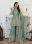 DESIGNER FENDY SILK REAL MIRROR WITH EMBROIDERY SEQUENCE WORK TOP PALAZZO WITH DUPATTA GREEN