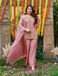 DESIGNER FENDY SILK SEQUENCE CODING EMBROIDERY BEADS WORK TOP PALAZZO WITH DUPATTA BABY PINK