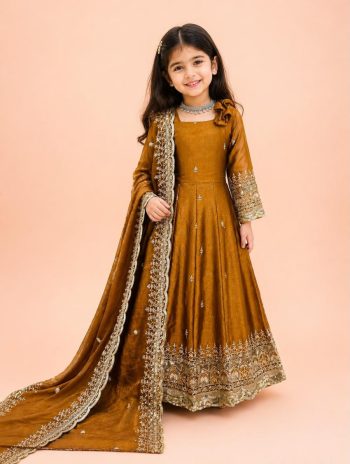 DESIGNER FENDY SILK SEQUENCE EMBROIDERY WORK KID'S GOWN BOTTOM WITH DUPATTA MUSTARD