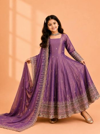 DESIGNER FENDY SILK SEQUENCE EMBROIDERY WORK KID'S GOWN BOTTOM WITH DUPATTA LAVENDER