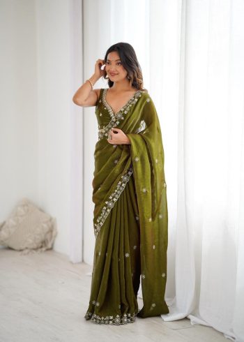 DESIGNER FENDY SILK THREAD & SEQUENCE EMBROIDERY WORK SAREE WITH UNSTITCHED BLOUSE MEHNDI