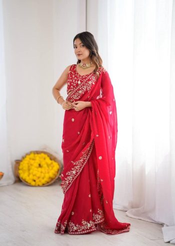 DESIGNER FENDY SILK THREAD & SEQUENCE EMBROIDERY WORK SAREE WITH UNSTITCHED BLOUSE RANI