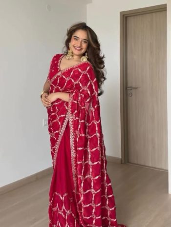 DESIGNER FENDY SILK THREAD WITH SEQUENCE WORK SAREE WITH UNSTITCHED BLOUSE PINK