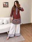 DESIGNER FRENCH CREPE THREAD EMBROIDERY WORK KURTI PALAZZO SET BROWN AND WHITE