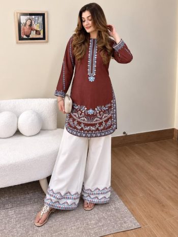 DESIGNER FRENCH CREPE THREAD EMBROIDERY WORK KURTI PALAZZO SET BROWN AND WHITE