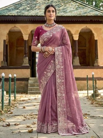 DESIGNER GABANA SILK EMBROIDERY CUTWORK WORK ARCO BORDER SAREE WITH UNSTITCHED BLOUSE ONION