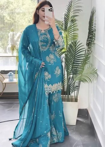 DESIGNER GEORGETTE CODING STITCH EMBROIDERY SEQUENCE WORK TOP PALAZZO WITH DUPATTA RAMA